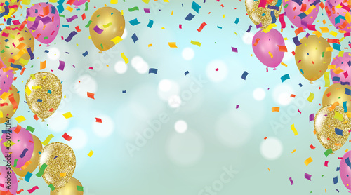 Colored confetti with ribbons and balloons on the white. Eps 10 vector file.
