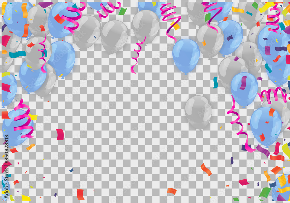 Colored confetti with ribbons and balloons on the white. Eps 10 vector file.