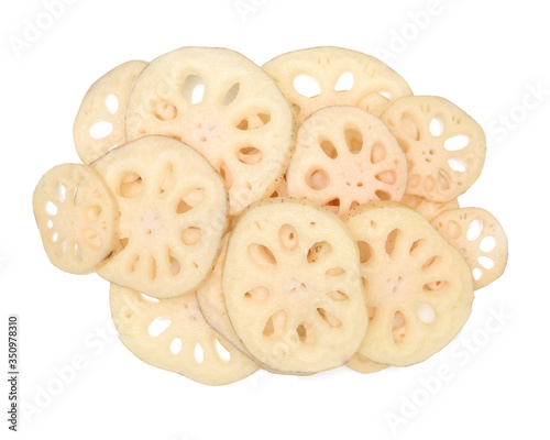 Lotus root slices on white background.