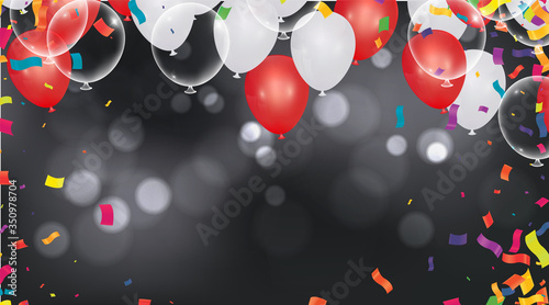 Vector happy birthday card with red balloons, party invitation. Birthday balloons