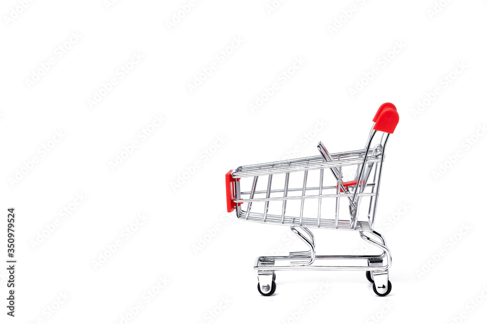 Empty trolley cart on a white background. Shopping, sale, finance, and business concept.