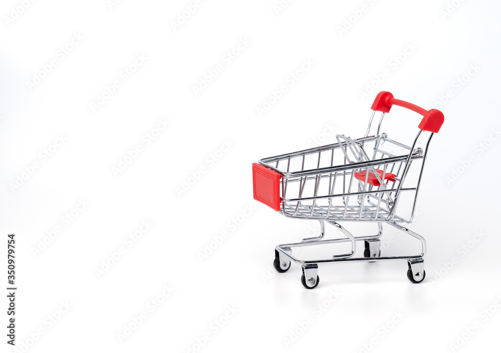 Empty trolley cart on a white background. Shopping, sale, finance, and business concept.