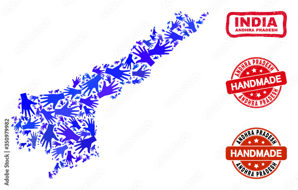 Naklejka premium Vector handmade combination of Andhra Pradesh State map and unclean seals. Mosaic Andhra Pradesh State map is made of random blue hands. Rounded and awry red seals with unclean rubber texture.