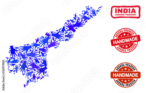 Vector handmade combination of Andhra Pradesh State map and unclean seals. Mosaic Andhra Pradesh State map is made of random blue hands. Rounded and awry red seals with unclean rubber texture.