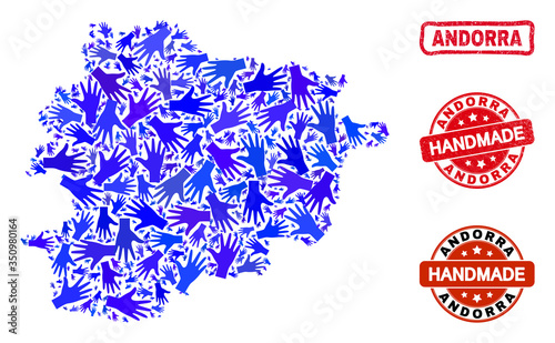 Vector handmade composition of Andorra map and rubber watermarks. Mosaic Andorra map is composed with random blue hands. Rounded and awry red stamp imprints with distress rubber texture.