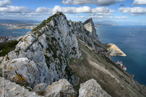 View of mountain top overlooking coastline, Gibraltar, British Overseas Territory, Iberian Peninsula