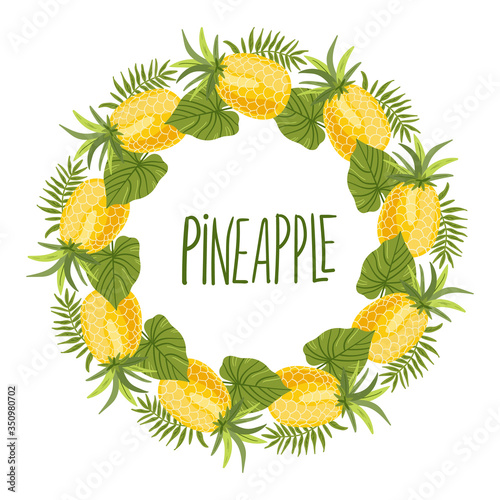 Pineapple wreath or border. Tropical summer fruit isolated on a white background. Citrus in hand drawn style. Scandinavian nordic design for fashion or interior or cover or textile or background.