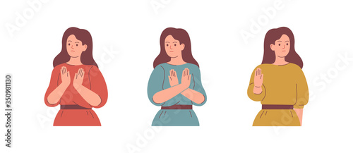 Women speak NO with gestures. People express dissatisfaction and disagreement. The girl raised her hand like a stop sign. Body language and nonverbal communication. Vector illustration