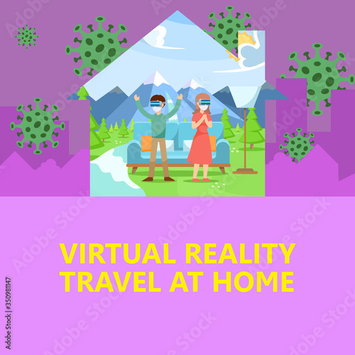 Two people wearing protection masks are simulating nature tourism at home with Virtual reality VR. Vector illustration flat graphic design for Couple travel concept during pandemics COVID-19.