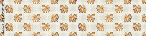 Hand drawn cute pomeranian breed dog with pink bow seamless vector border. Purebred pedigree domestic dog on paw background. Dog lover spitz pet all over print. Kennel pooch. EPS 10. 