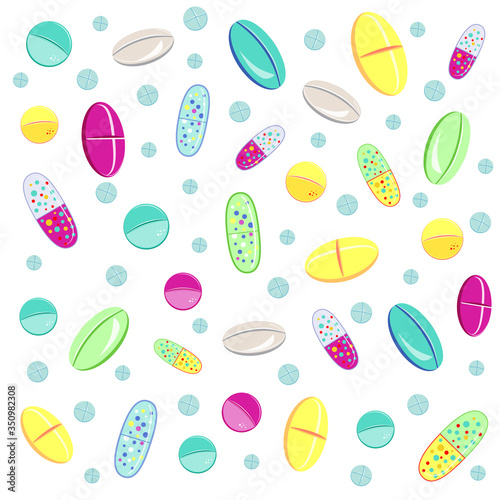 Vector set of pills and capsules in differnt colors. Medical drag and vitamins