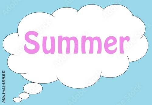 Palabra summer (verano) escrita en color rosa dentro de una nube blanca y fondo celeste