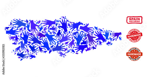 Vector handmade combination of Asturias Province map and rubber seals. Mosaic Asturias Province map is designed of randomized blue hands. Rounded and awry red seals with scratched rubber texture.