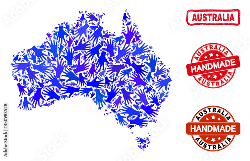 Vector handmade collage of Australia map and rubber watermarks. Mosaic Australia map is created with random blue hands. Rounded and awry red seals with corroded rubber texture.