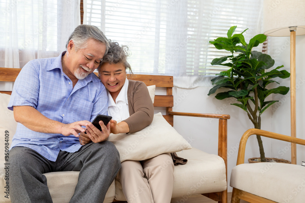 Obraz premium Asian senior couple talking in video call chat on mobile phone, Smart technology for old age and online activism staying connected concept