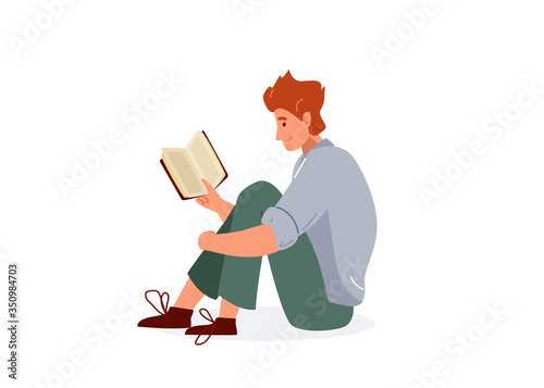 Read book vector illustration. Boy reading books in comfortable pose hugging his knees. Student male study knowledge. Cute readers, style flat literature with person