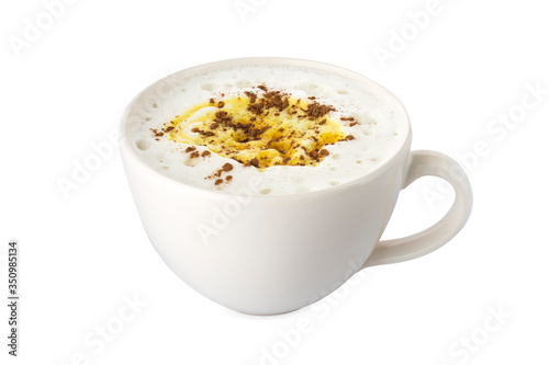 Turmeric latte, soy milk latte in white cup, on white background
