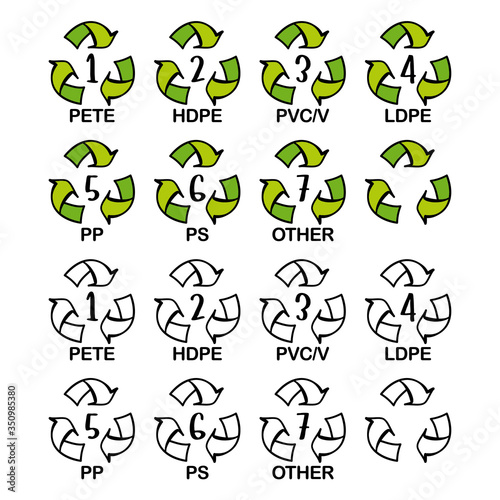 Set of recycling symbols for plastic. Recycle icons with numbers and letter designations - pet, pete, hdpe, pvc, ldpe, pp, ps, other. Recycling symbols. Big icon bundle. 