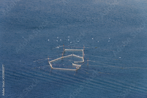 Sea net. Stationary fishing nets. Fishing off the coast of the sea with a net. Seine landline and seagulls, seascape.
