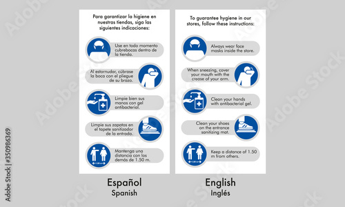 Hygiene in stores, new normality, indications for clients, ideal for making posters, banners and graphics outside the stores, new mandatory regulations, two idioms english and spanish