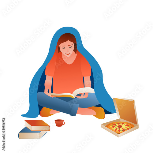 Girl Sitting on Floor Under Blanket. Woman sitting and reading in blanket fortress at home. Flat vector illustration on white isolated background