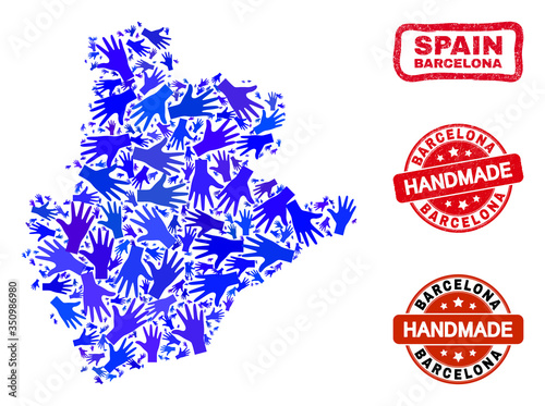 Vector handmade composition of Barcelona Province map and grunge stamp seals. Mosaic Barcelona Province map is made of random blue hands. Rounded and awry red seals with corroded rubber texture.