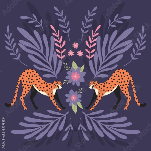 Two cute hand drawn cheetahs stretching on dark purple background with exotic plants. Flat vector illustration
