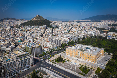 Fototapeta Naklejka Na Ścianę i Meble -  Aerial view of Hellenic Parliament building in Syntagma square, Athens Attica, Greece