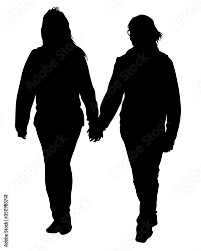 Young man and woman walking at street. Isolated silhouette on a white background