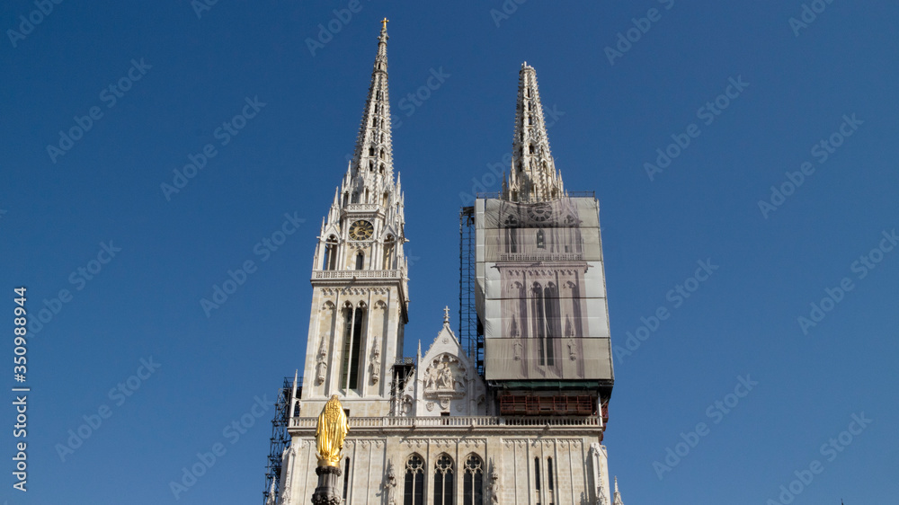 Zagreb/ Croatia-May 4th, 2020: Zagreb`s gothic cathedral damaged in earthquake, south tower broken off, while north one had to be removed few weeks later because of security measures