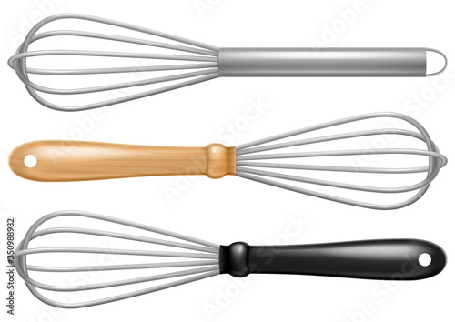 Set of stainless steel whisks. Vector illustration.
