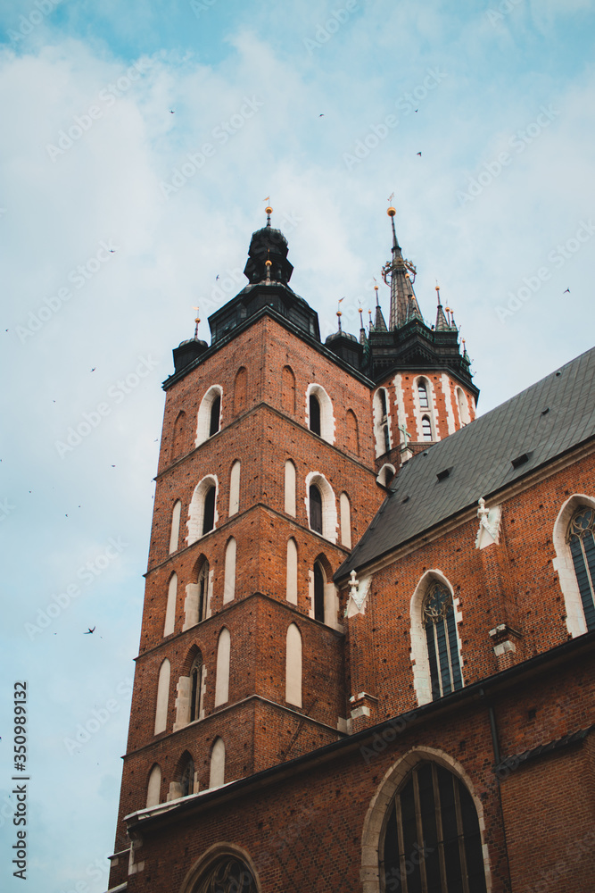 Saint Mary’s Basilica Brick Gothic church adjacent to the Main Market Square in Krakow, Poland