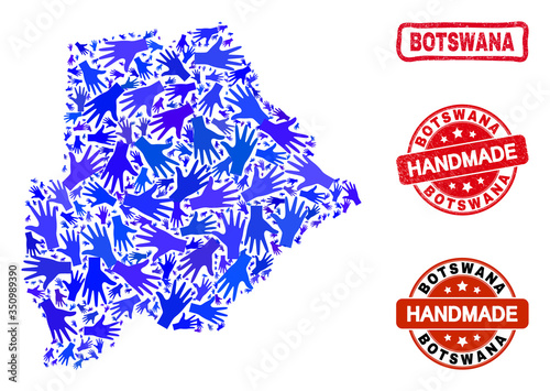 Vector handmade collage of Botswana map and rubber stamp seals. Mosaic Botswana map is constructed with randomized blue hands. Rounded and awry red stamp imprints with corroded rubber texture.