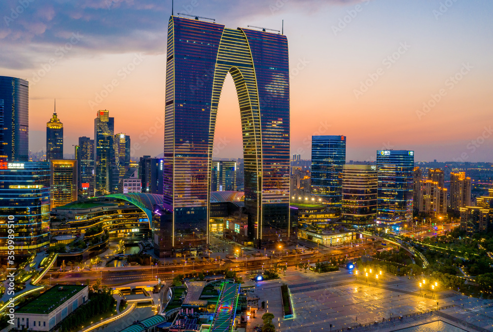Obraz premium Night view of CBD City, Suzhou Industrial Park, Jiangsu Province, China