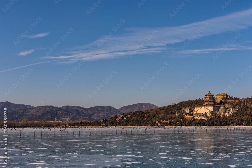 Summer palace in Beijing, China, during winter with frozen Kunming lake