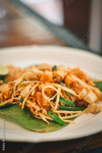 Pad Thai, stir-fried rice noodles, Thai food.