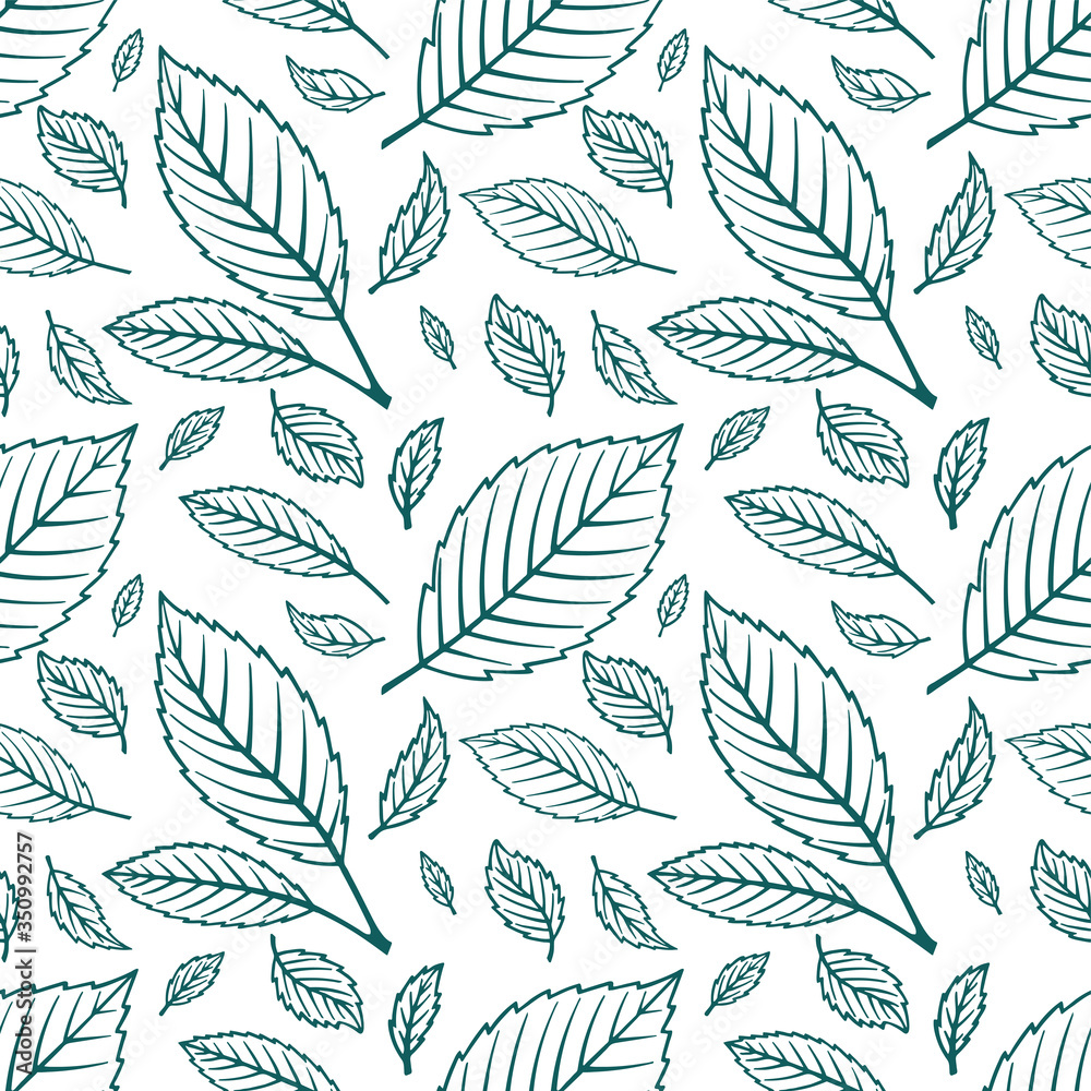Fototapeta premium Green leafs hand drawn seamless background. Different shape leafs sketch drawing endless pattern. Part of set.
