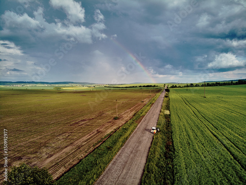 Aerial photo big rainbow after rain Ukraine