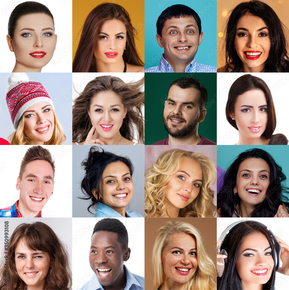 collage of happy smiling faces of people. Happy men and women expressing different positive emotions. Human emotions, facial expression concept.