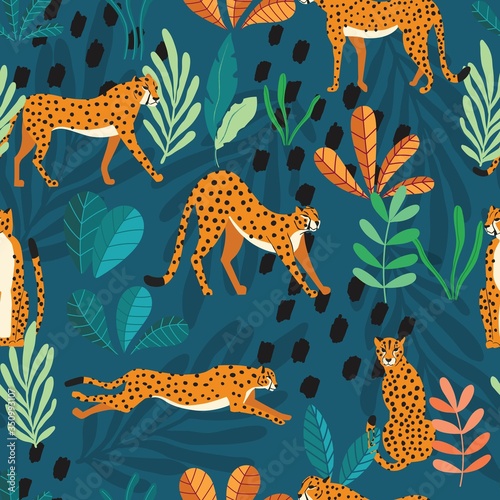 Seamless pattern with hand drawn exotic big cat cheetahs, with tropical plants and abstract elements on dark green background. Colorful flat vector illustration © bluelela