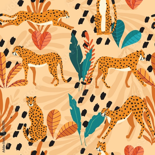 Seamless pattern with hand drawn exotic big cat cheetahs, with tropical plants and abstract elements on light orange background. Colorful flat vector illustration