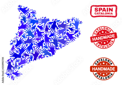Vector handmade collage of Catalonia map and unclean seals. Mosaic Catalonia map is organized of random blue hands. Rounded and awry red stamp imprints with scratched rubber texture.
