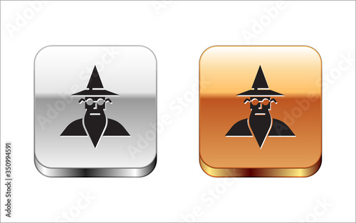 Black Wizard warlock icon isolated on white background. Silver-gold square button. Vector