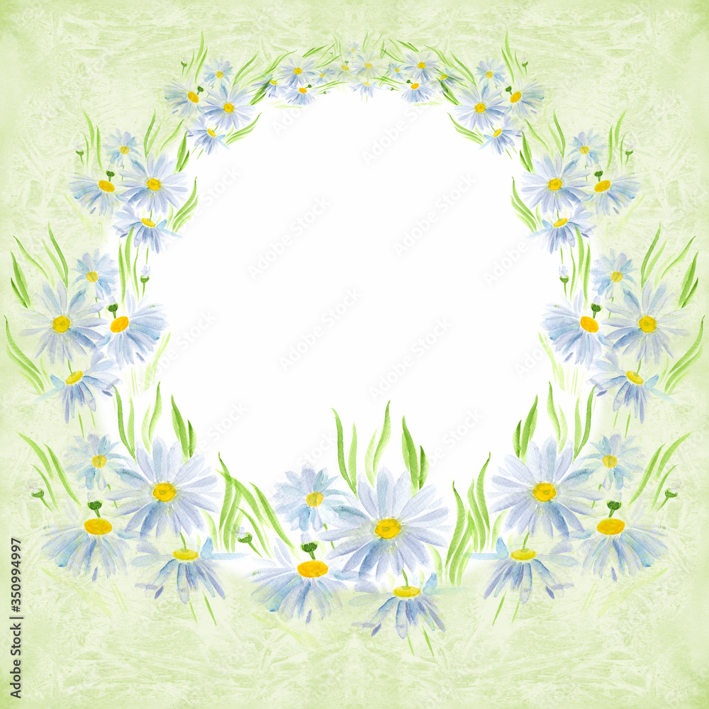 Frame with flowers in a circle. Daisies - flowers and leaves. Watercolor illustration. Decorative composition. Use printed materials, signs, objects, sites, maps.