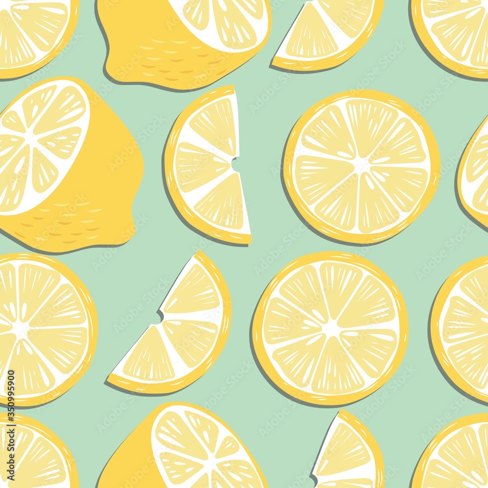 Fruit seamless pattern, lemon slices and halves on mint green background. Summer vibrant design. Exotic tropical fruit. Colorful vector illustration