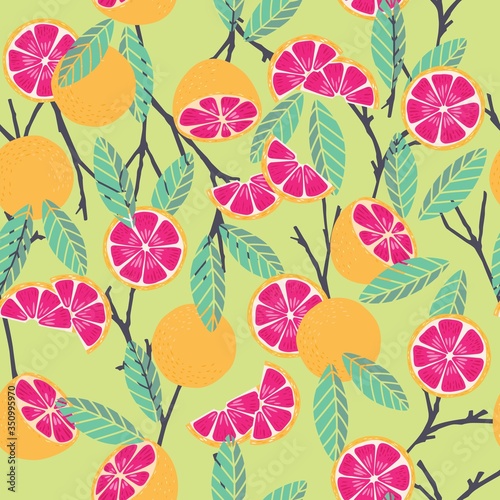 Fruit seamless pattern, grapefruit with branches and leaves on mint green background. Summer vibrant design. Exotic tropical fruit. Colorful vector illustration