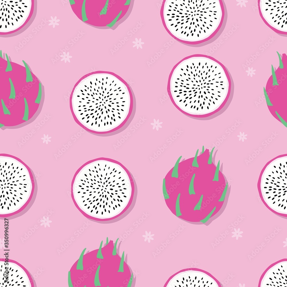 Fruit seamless pattern, dragon fruit with flowers on pink background. Summer vibrant design. Exotic tropical fruit. Colorful vector illustration
