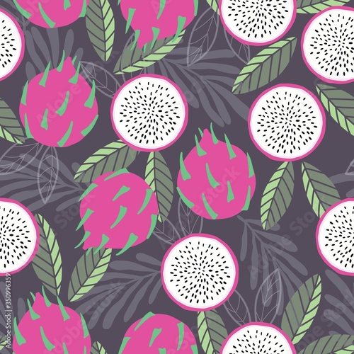 Fruit seamless pattern, dragon fruit with tropical leaves on dark purple background. Summer vibrant design. Exotic tropical fruit. Colorful vector illustration