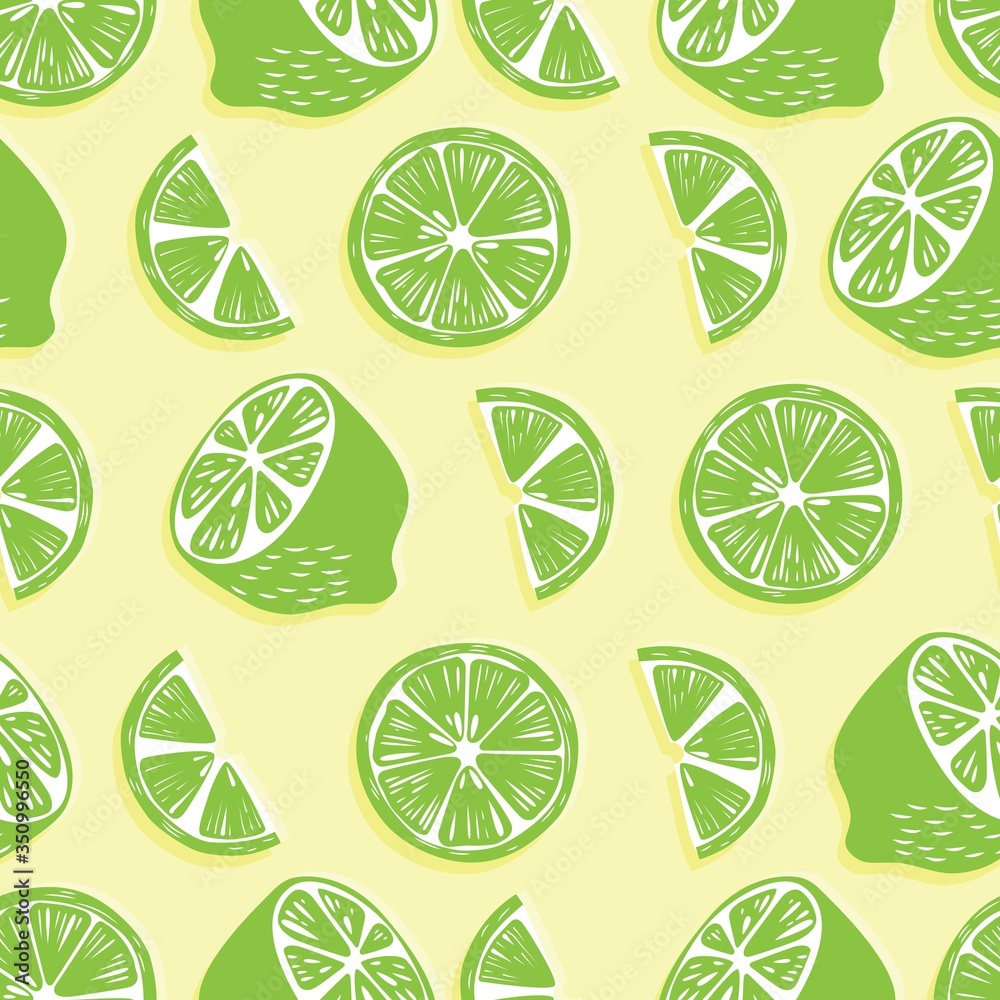 Fruit seamless pattern, lime halves and slices with shadow on bright yellow background. Summer vibrant design. Exotic tropical fruit. Colorful vector illustration