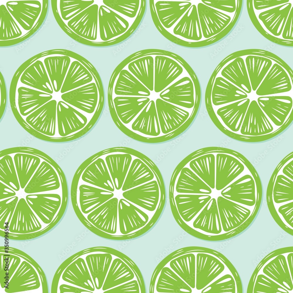 Fruit seamless pattern, lime slices with shadow on bright blue background. Summer vibrant design. Exotic tropical fruit. Colorful vector illustration